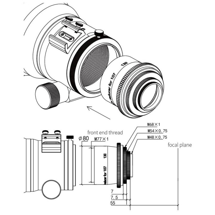 REDUCTOR DE FOCAL ZWO 0.7X PARA REFRACTOR FF107 O FF130
