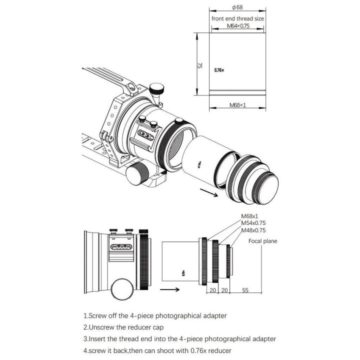 REDUCTOR DE FOCAL ZWO 0.76X PARA REFRACTOR FF80