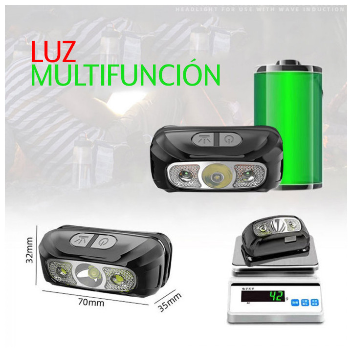 Linterna frontal AC con LED XPE luz roja y blanca USB